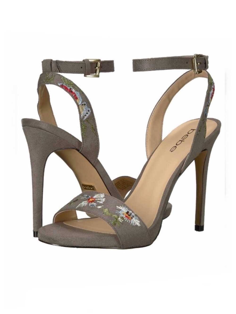 BEBE Ingram Gray Floral Embroidered High Heel Sandal Size 7 NEW
